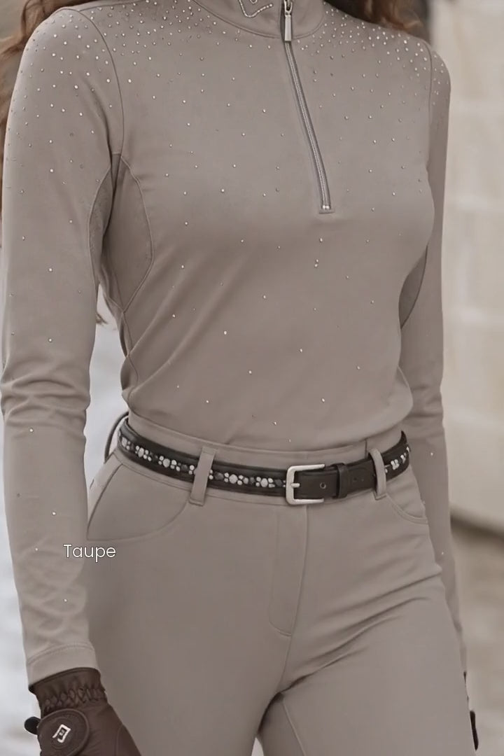 Easy Game Glitter Damen-Reitshirt – Taupe – Produkt- und Modelvideo im Shopformat 2:3