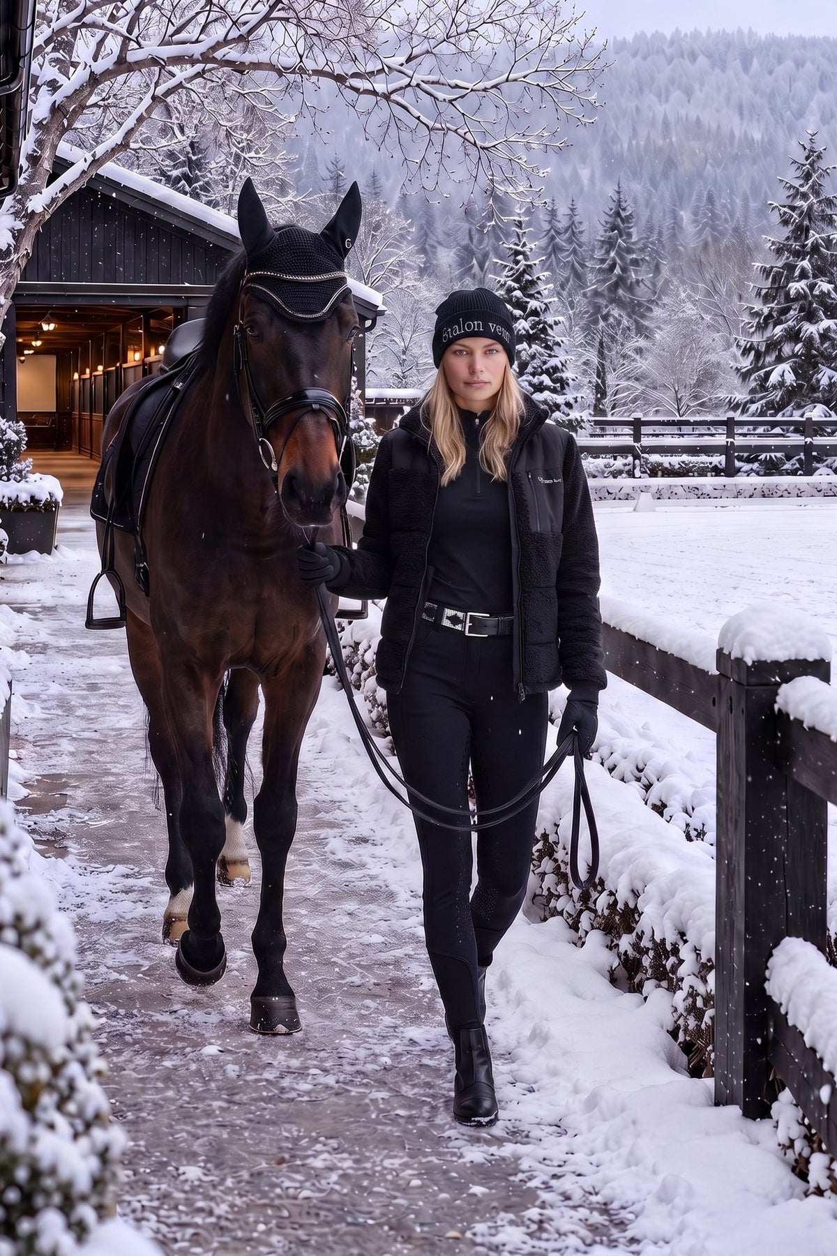 Snow King 2.0 Thermo-Reithose Black – Gesamtansicht mit Pferd im Winter