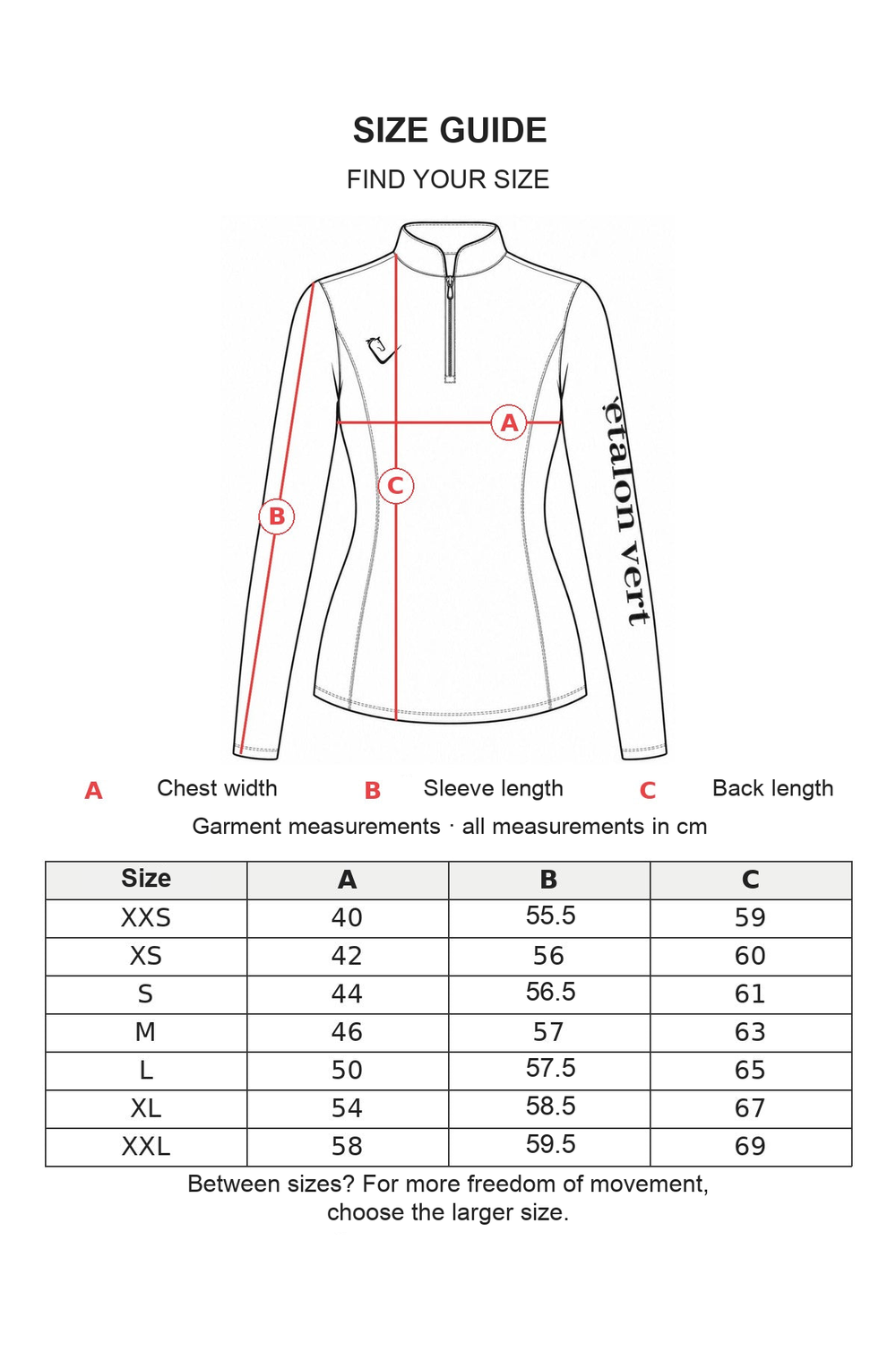 Snowball women’s size guide: chest width, sleeve length and back length in cm [en]