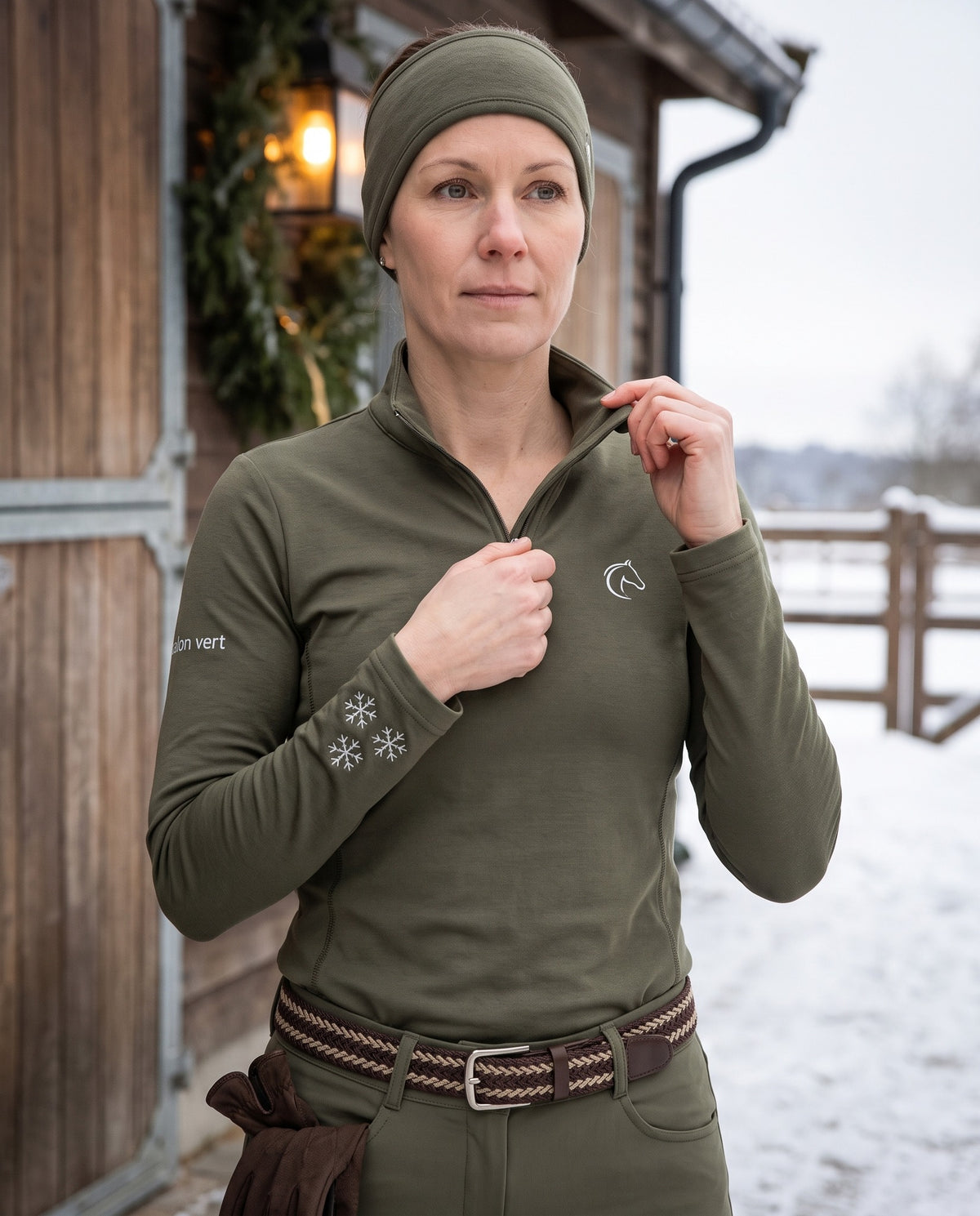 Snowball Thermo Langarmshirt in Olive – collar zip chest detail