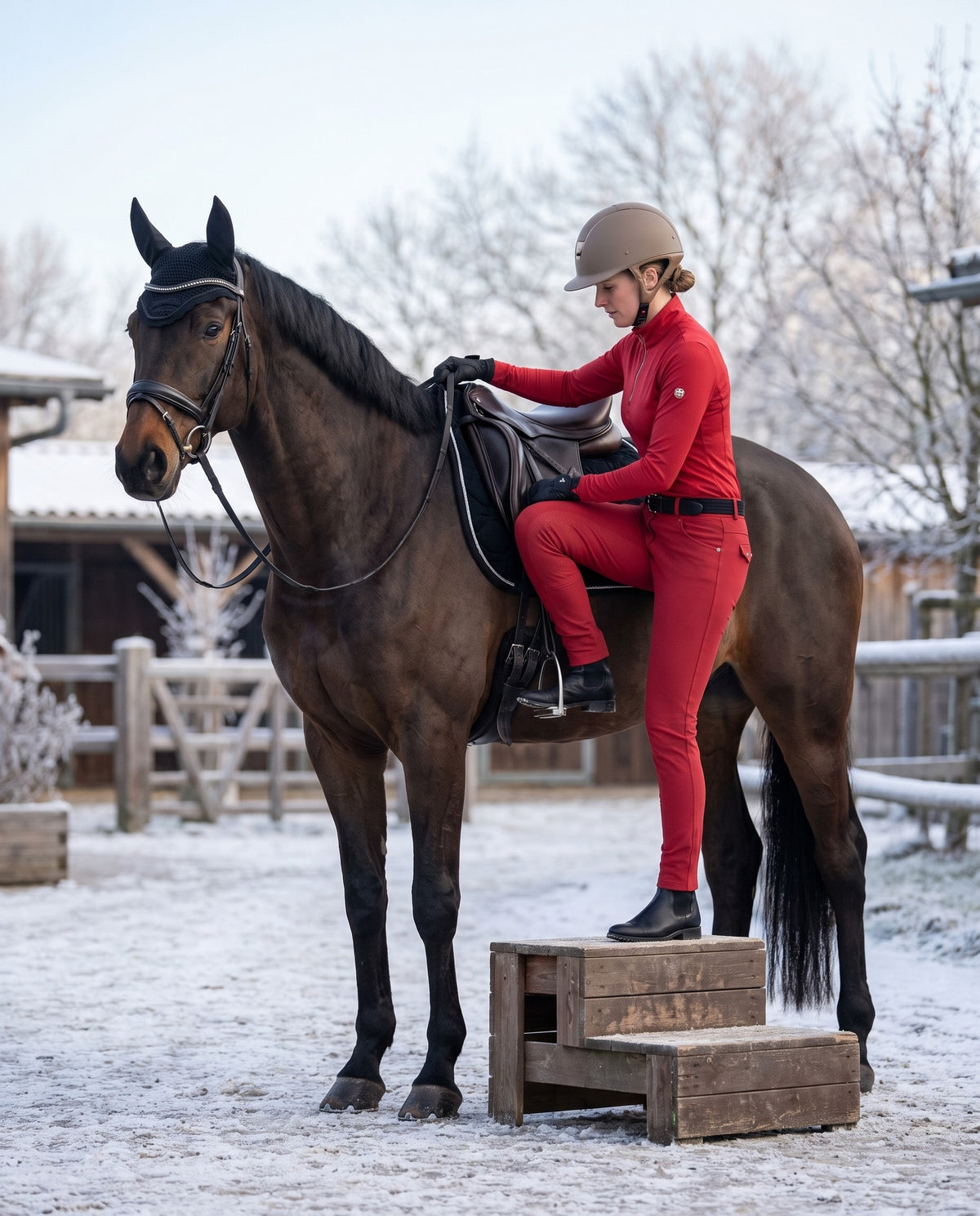 Snowball Thermo Langarmshirt in Red – Seitenansicht am Pferd