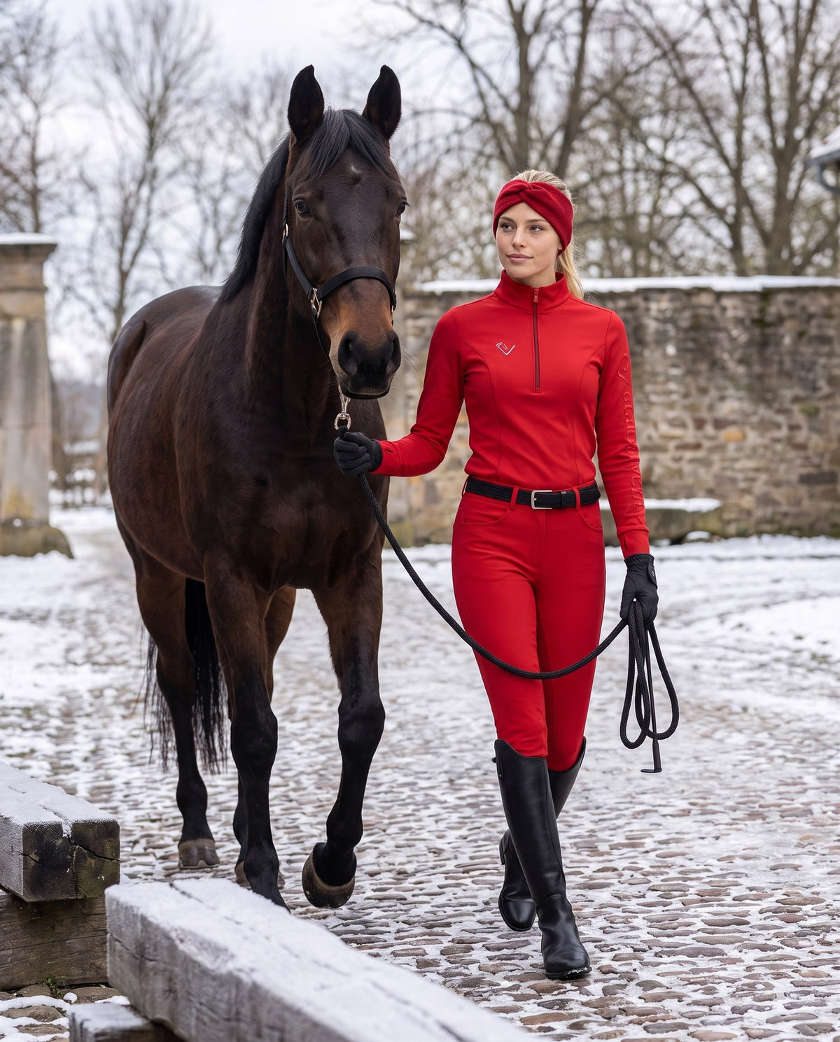 Snowball Thermo Langarmshirt in Red – Modelansicht beim Führen des Pferdes
