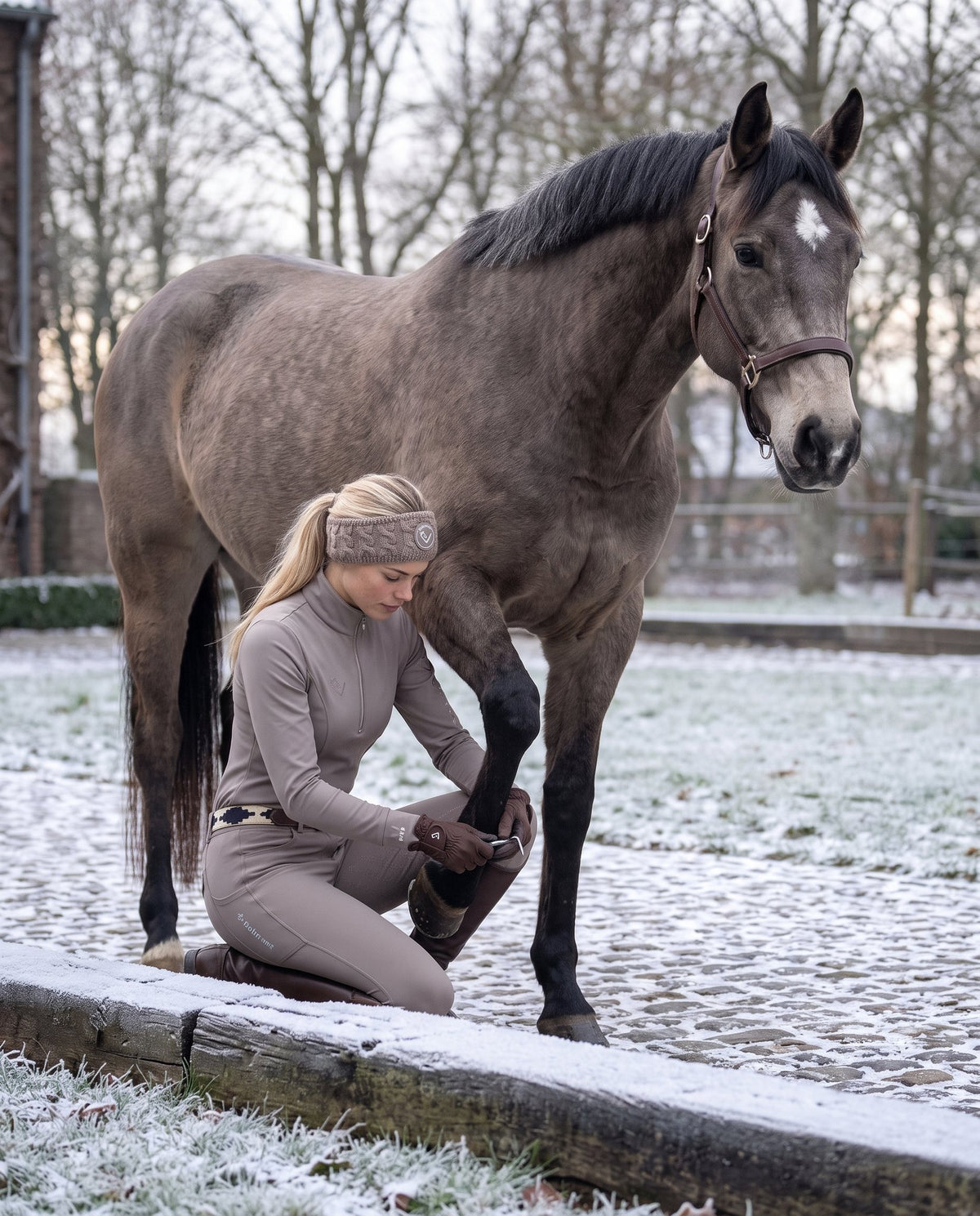 Snowball Thermo Langarmshirt in Taupe – Modelansicht bei der Hufpflege