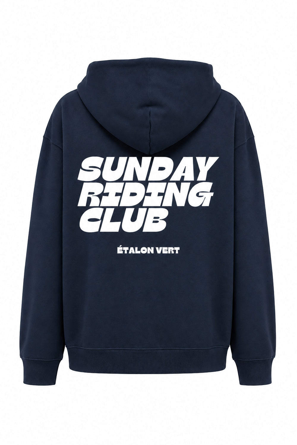 sunday – Hoodie Navy, Rückenansicht mit großem weißem Druck