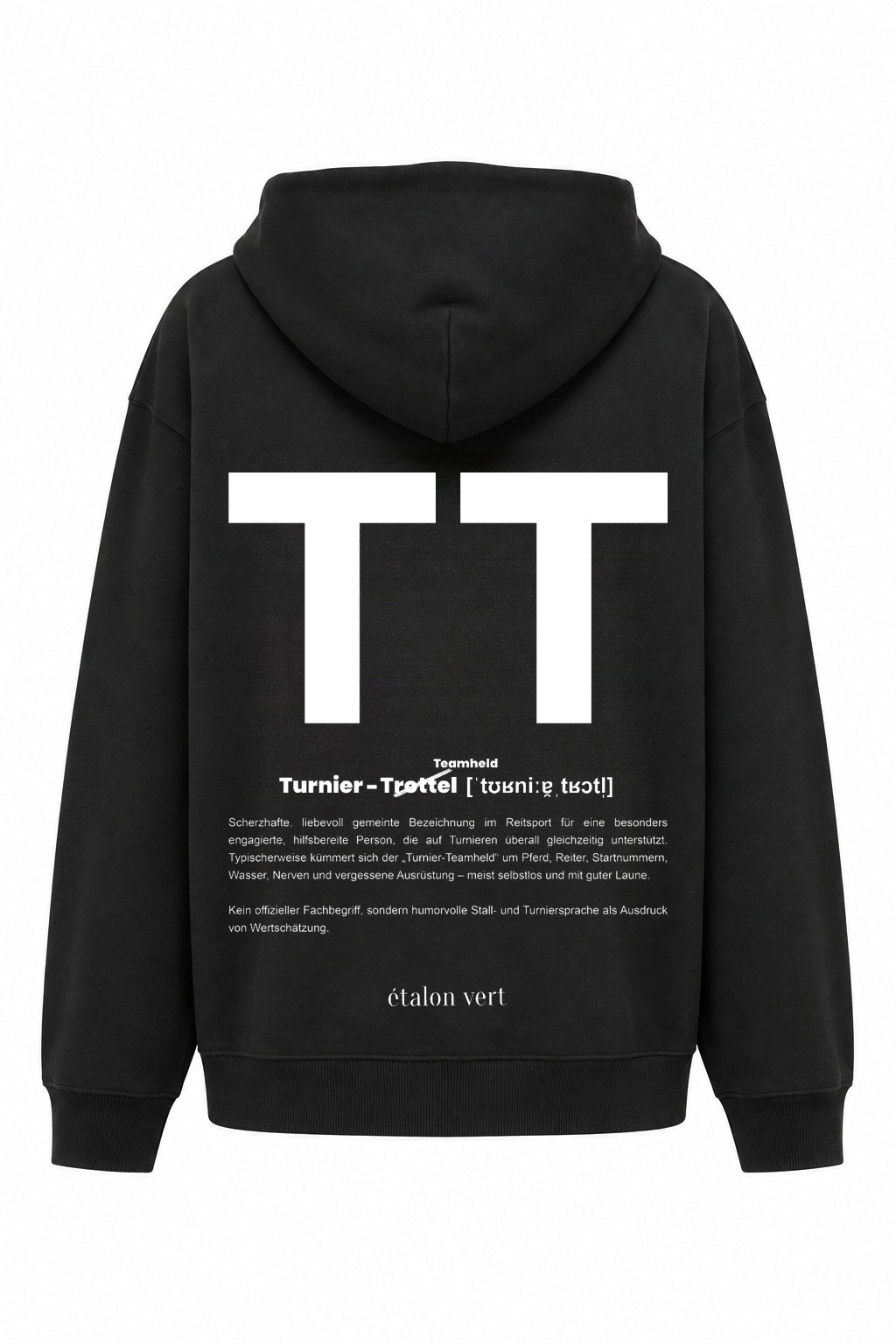 TT Print Hoodie Black – Rückenansicht, großer weißer TT-Originaldruck mit scharfer Definition