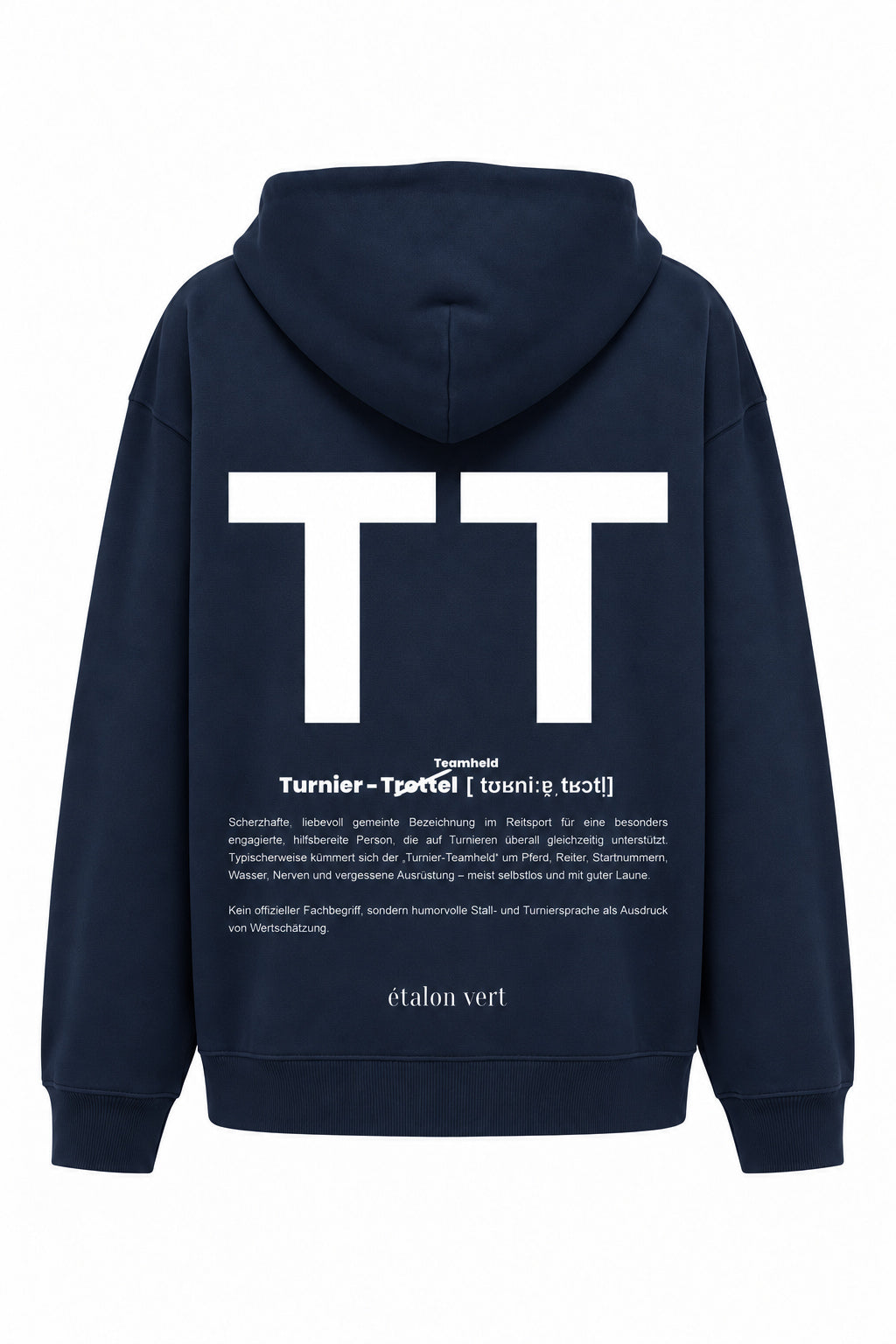 TT Print Hoodie Navy – Rückenansicht, großer weißer TT-Originaldruck mit scharfer Definition