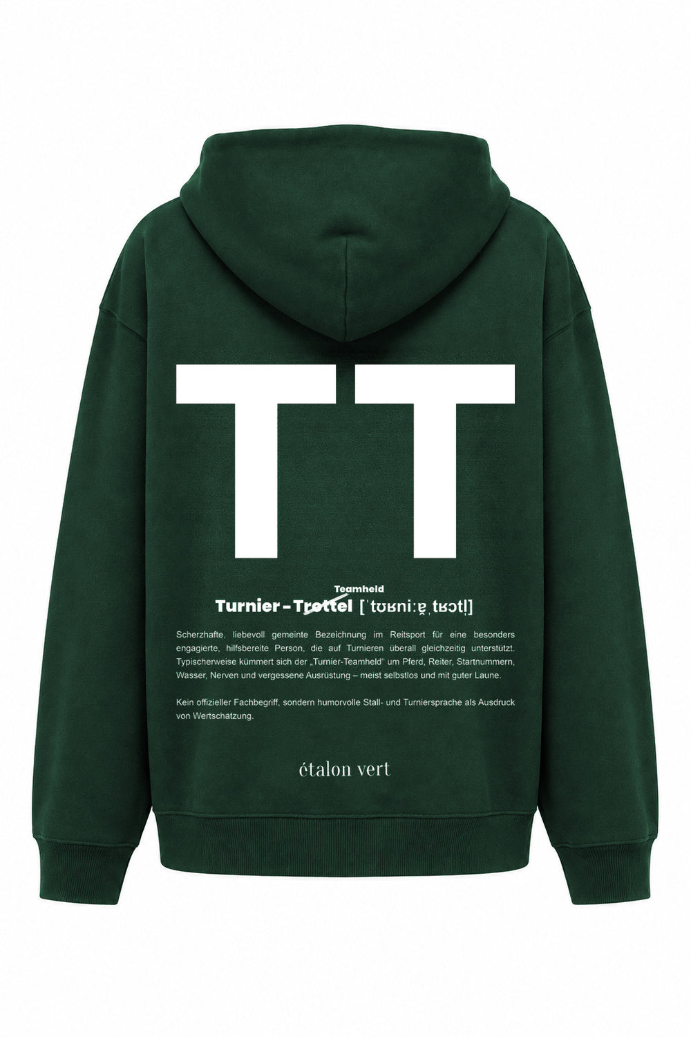 TT Print Hoodie – Dunkelgrün – Rückenansicht mit großem weißem TT-Druck