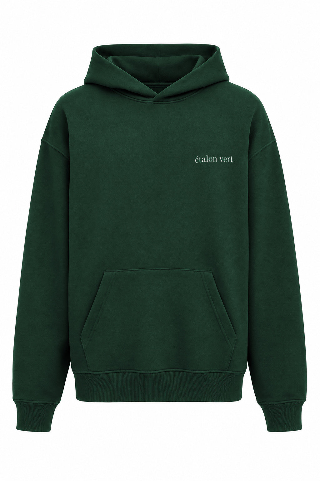TT Print Hoodie – Dunkelgrün – Vorderansicht mit kleinem weißem Brustlogo