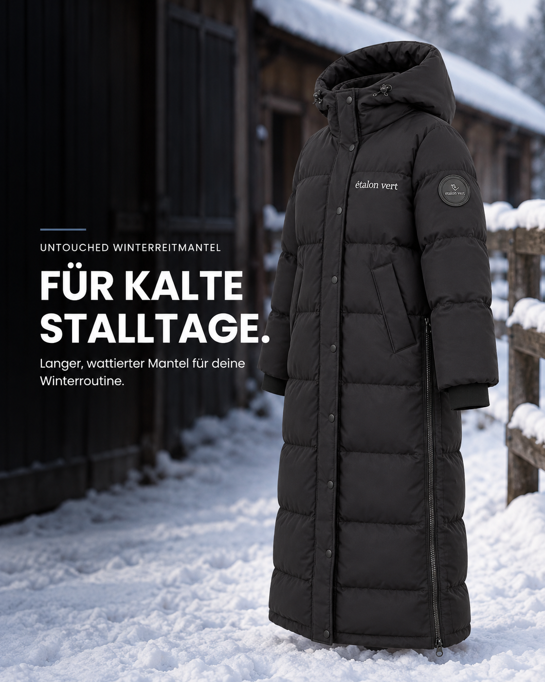 Untouched Winterreitmantel in Schwarz – funktionales Bild für kalte Stalltage