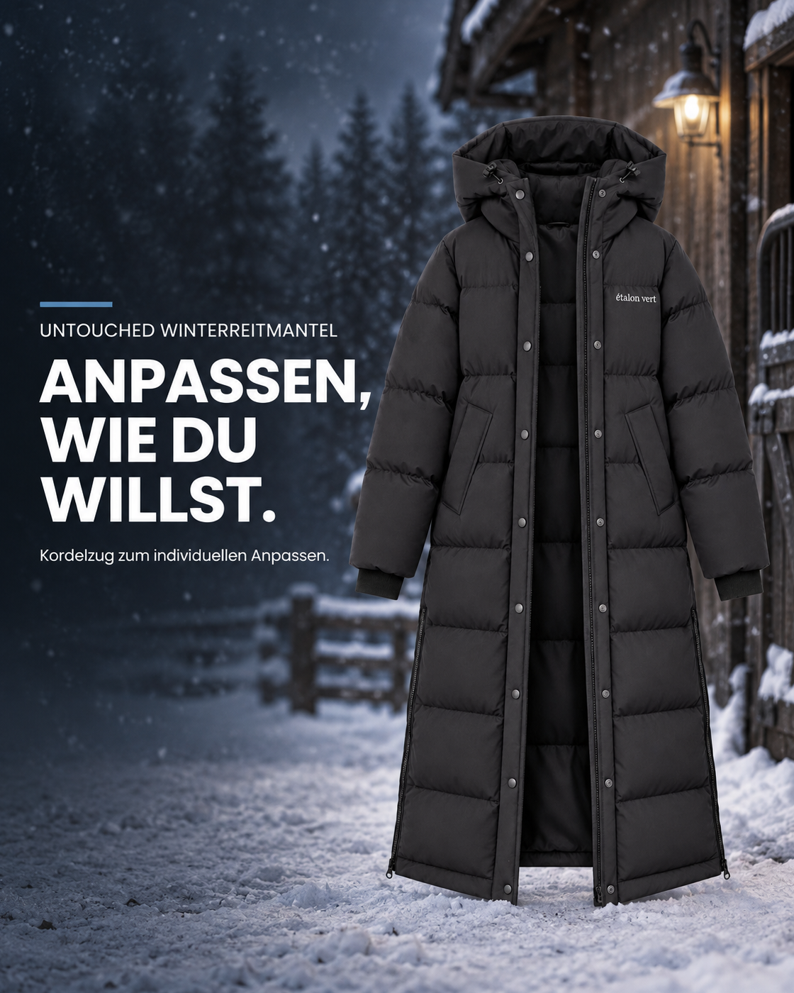 Untouched Winterreitmantel in Schwarz – funktionales Bild zum verstellbaren Kordelzug