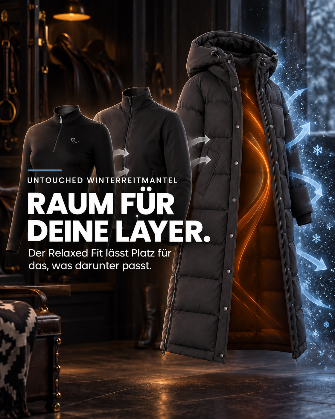 Untouched Winterreitmantel in Schwarz – funktionales Bild zu Länge und Layering