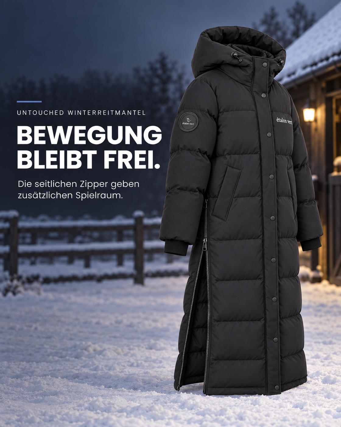 Untouched Winterreitmantel in Schwarz – seitlicher Reißverschluss geöffnet für mehr Spielraum