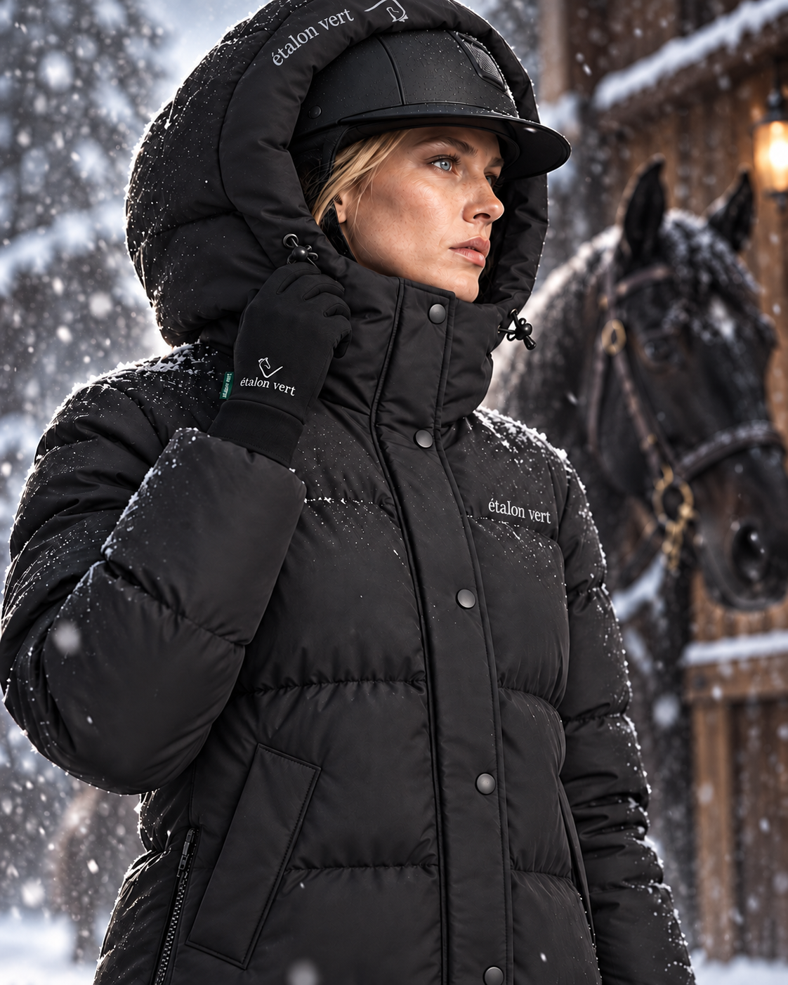 Untouched Winterreitmantel in Schwarz – Kapuze und hoher Kragen am Model