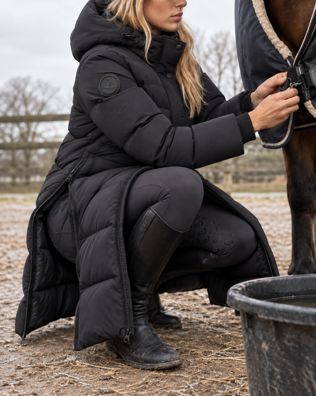 Untouched Winterreitmantel in Schwarz – Bewegungsansicht im Stall