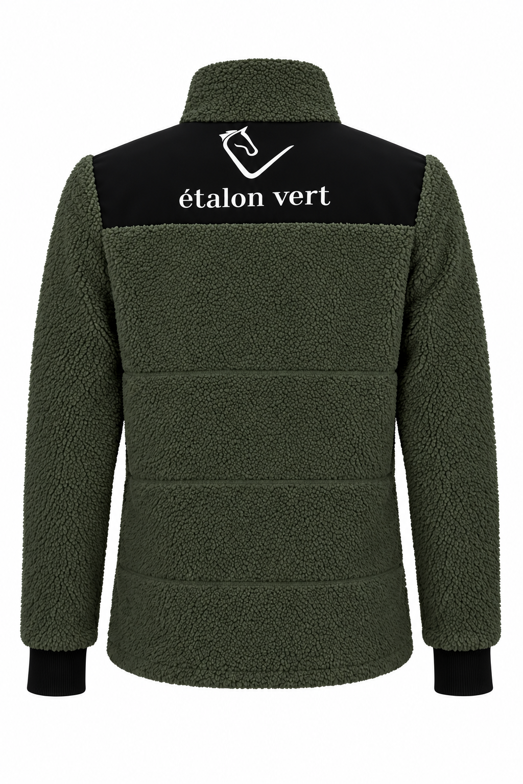Valegro Teddyjacke Olive mit schwarzen Einsätzen – Rückenansicht im Studio, gerader Schnitt