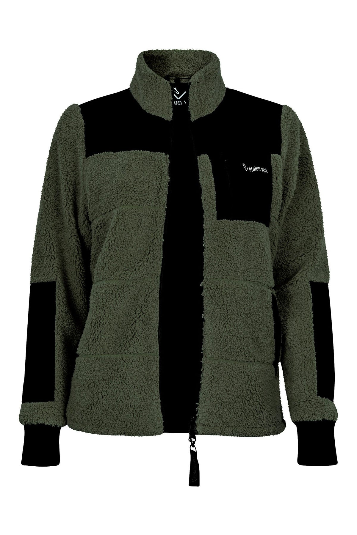 Valegro Teddyjacke Olive mit schwarzen Einsätzen – offene Vorderansicht