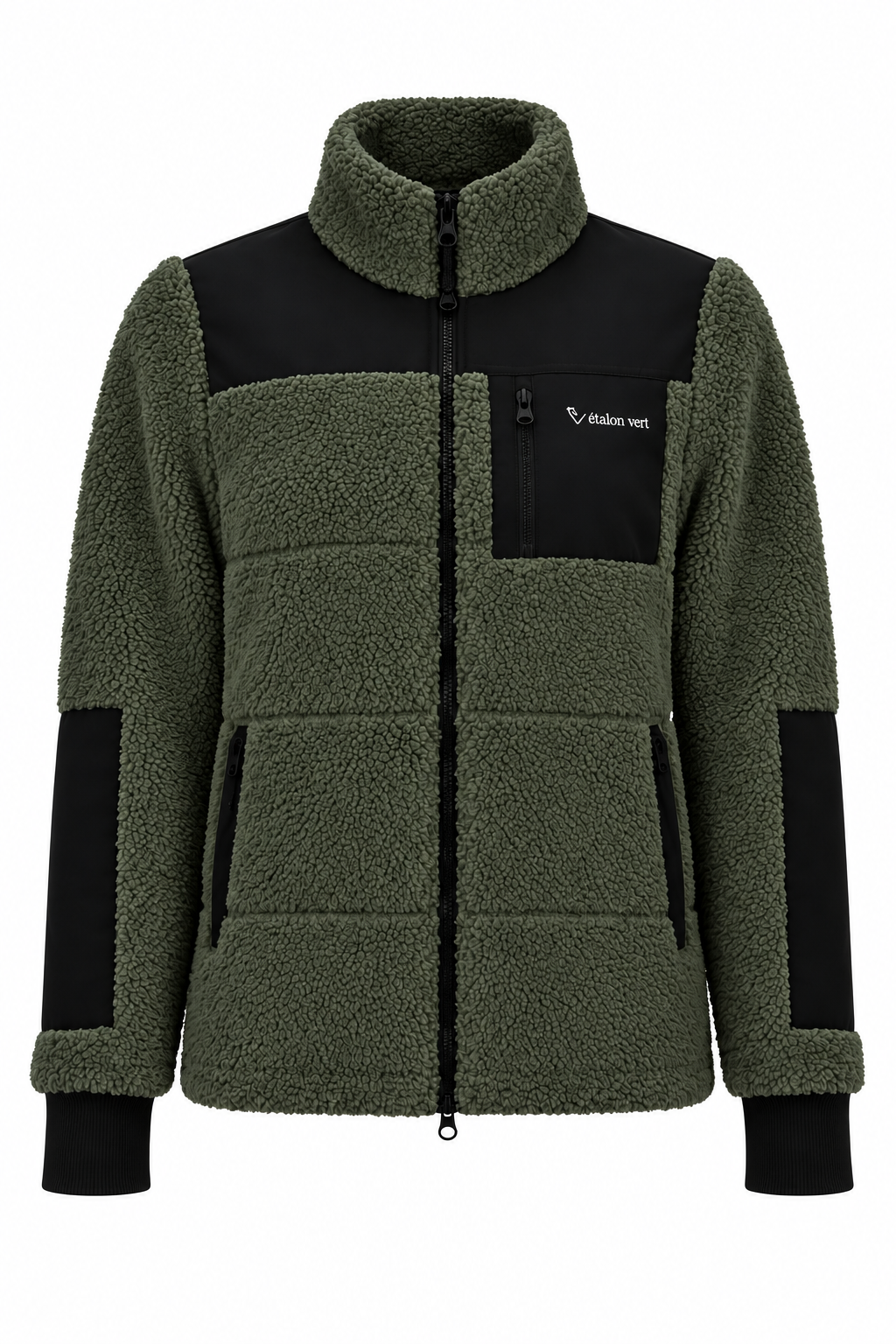 Valegro Teddyjacke Olive mit schwarzen Einsätzen – Frontansicht im Studio, gerader Schnitt