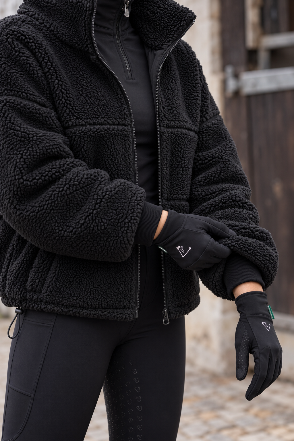 Teddyjacke Valegro Oversize Schwarz – Innenbündchen · nahes Tragedetail