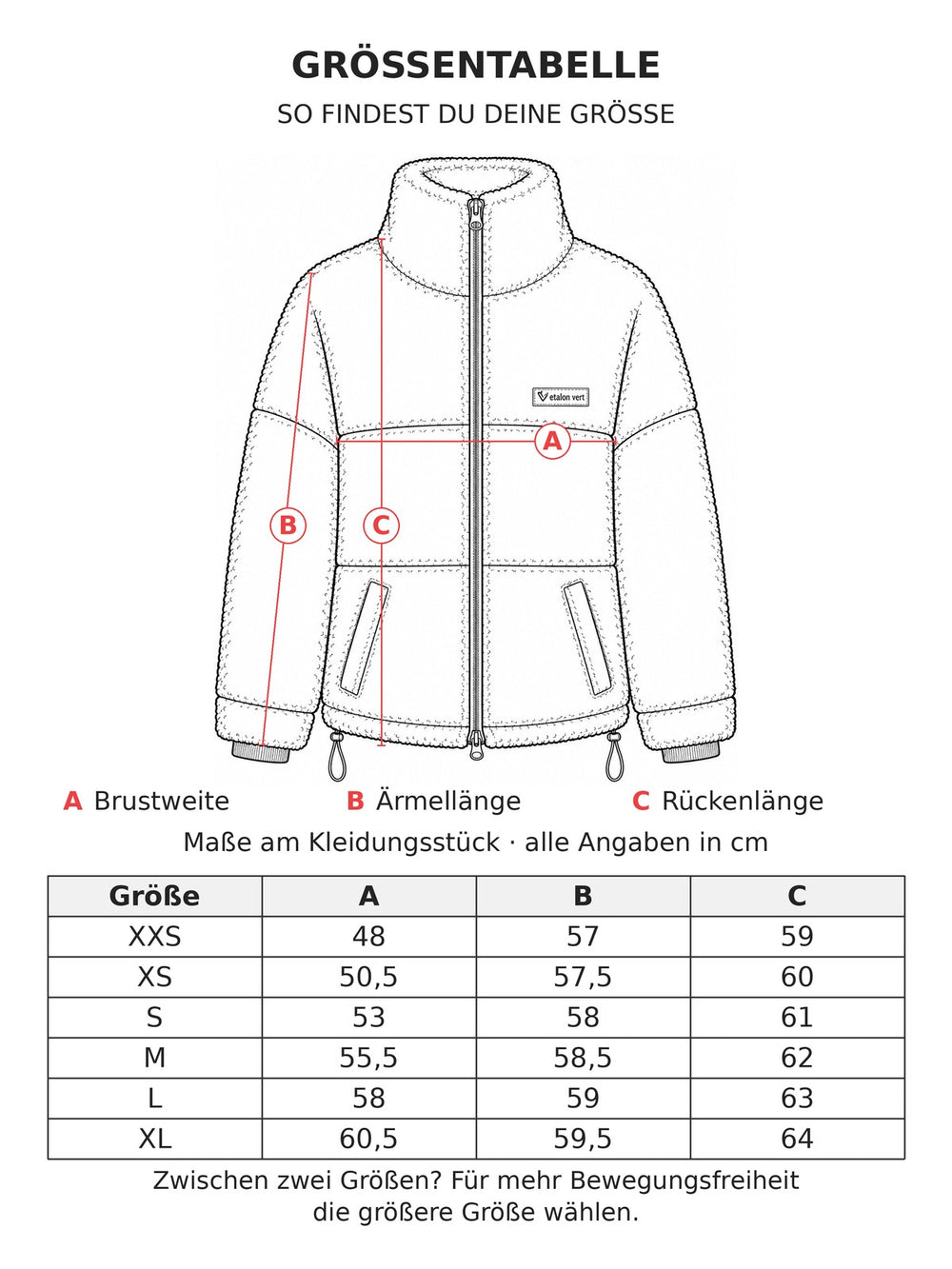 Größentabelle Valegro Oversize Teddyjacke XXS–XL: Brustweite, Ärmellänge und Rückenlänge in cm