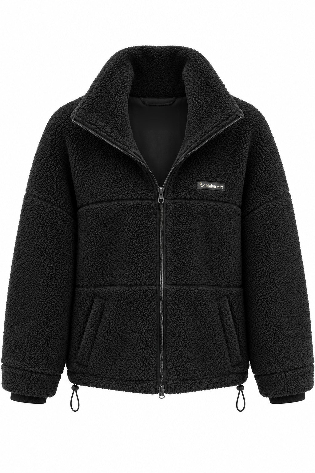 Valegro Oversize Teddyjacke Schwarz – Frontansicht mit offenem Kragen und glatter Innenseite
