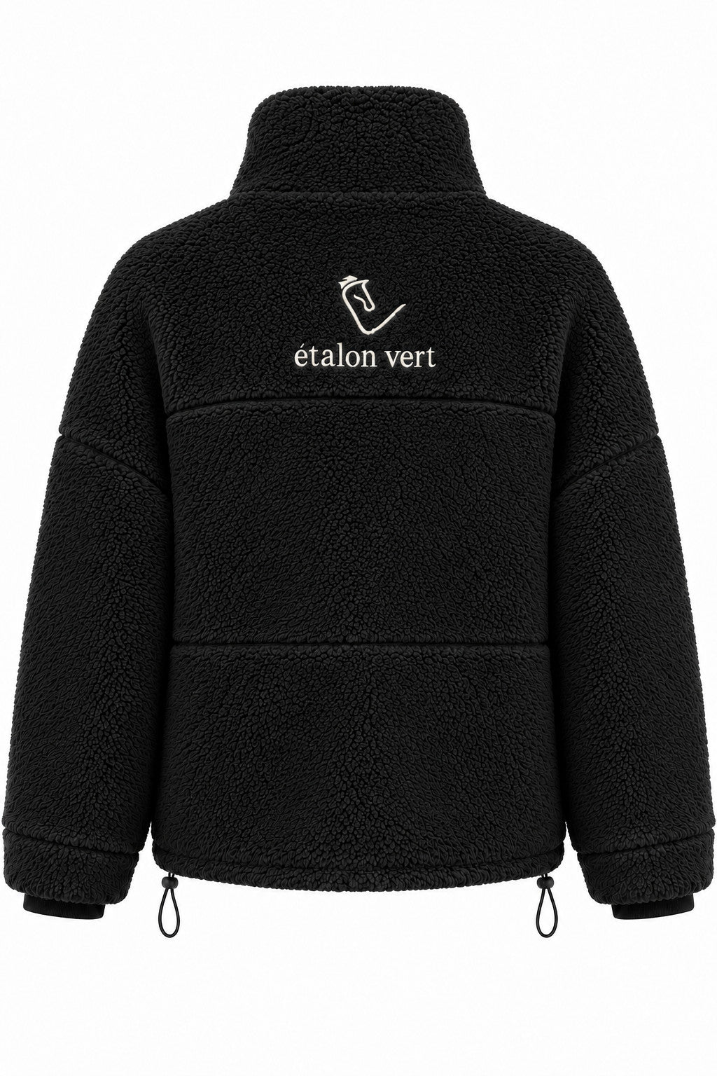 Valegro Oversize Teddyjacke Schwarz – Rückenansicht mit geschlossenem Stehkragen und hellem Rückenstick