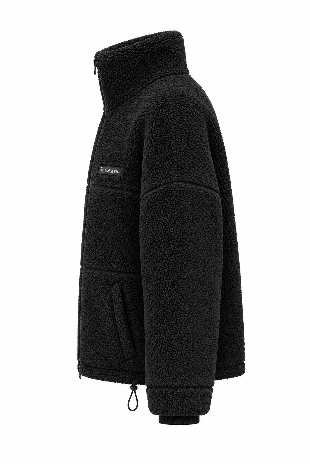 Valegro Oversize Teddyjacke Schwarz – Seitenansicht mit geschlossenem Stehkragen