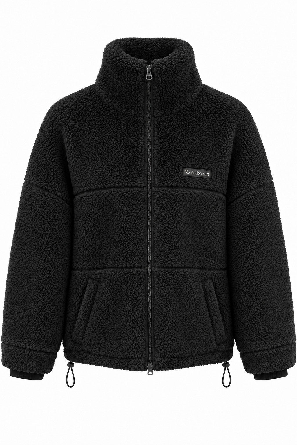 Valegro Oversize Teddyjacke Schwarz – Frontansicht mit geschlossenem Stehkragen