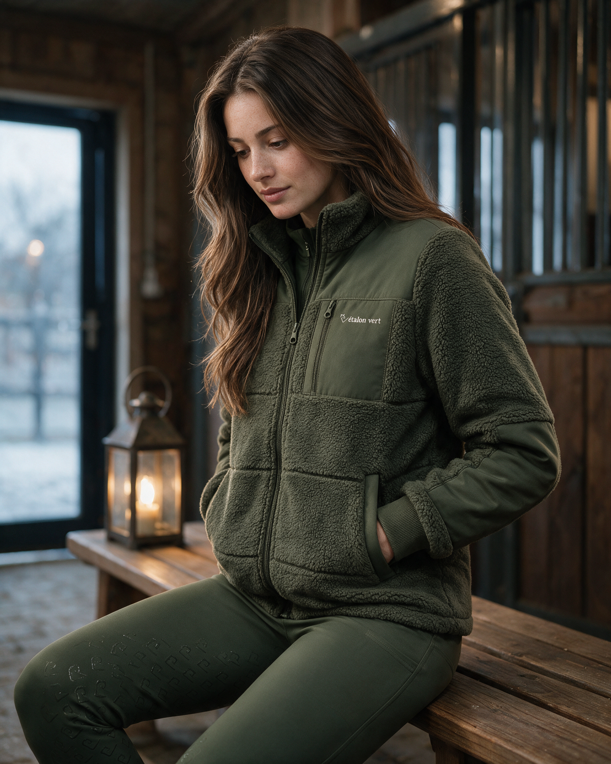 Valegro Teddyjacke Olive – sitzende Trageansicht