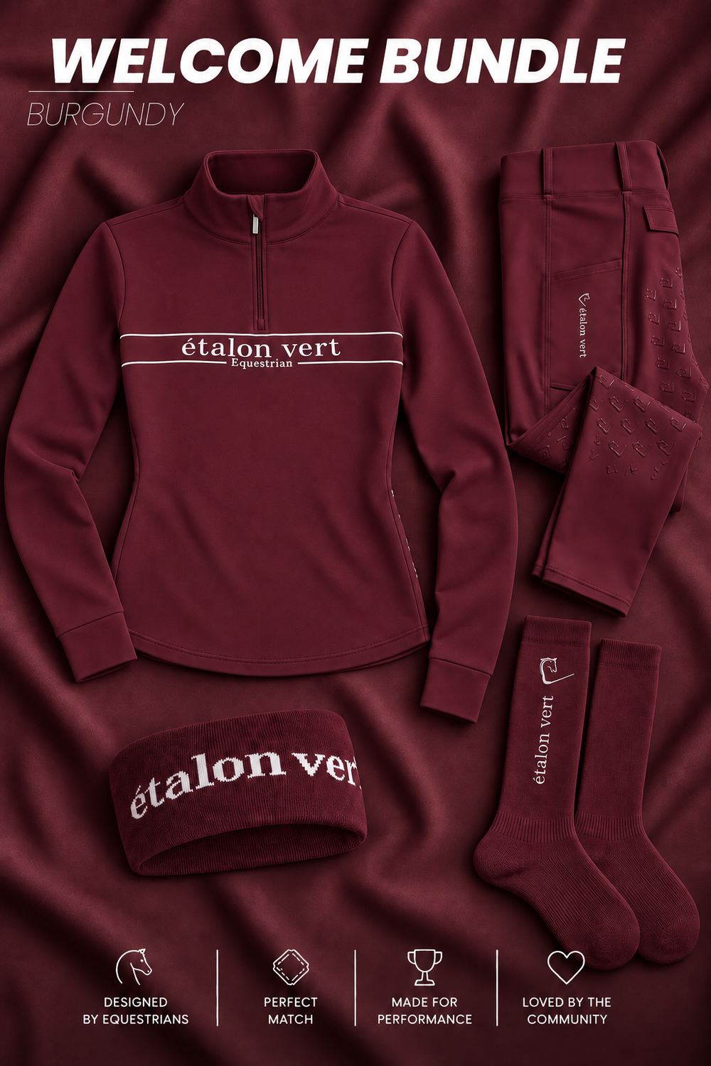 Welcome Bundle in Burgundy – Reitleggings, ZIP-Pullover, Reitsocken und Stirnband im Überblick