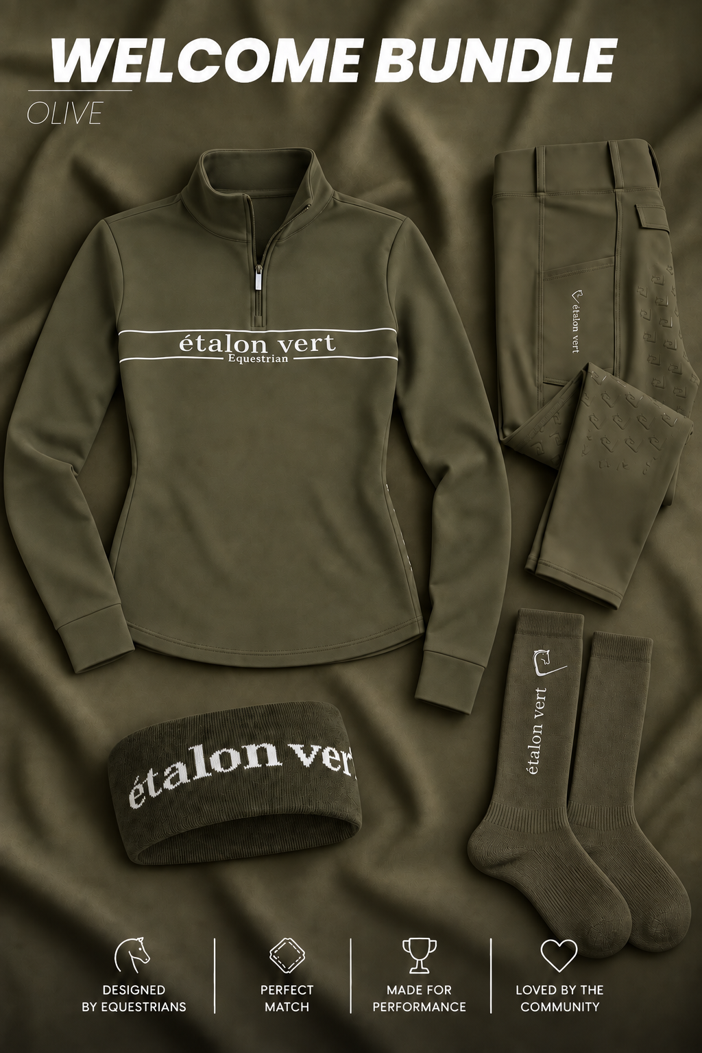 Welcome Bundle in Olive – Reitleggings, ZIP-Pullover, Reitsocken und Stirnband im Überblick